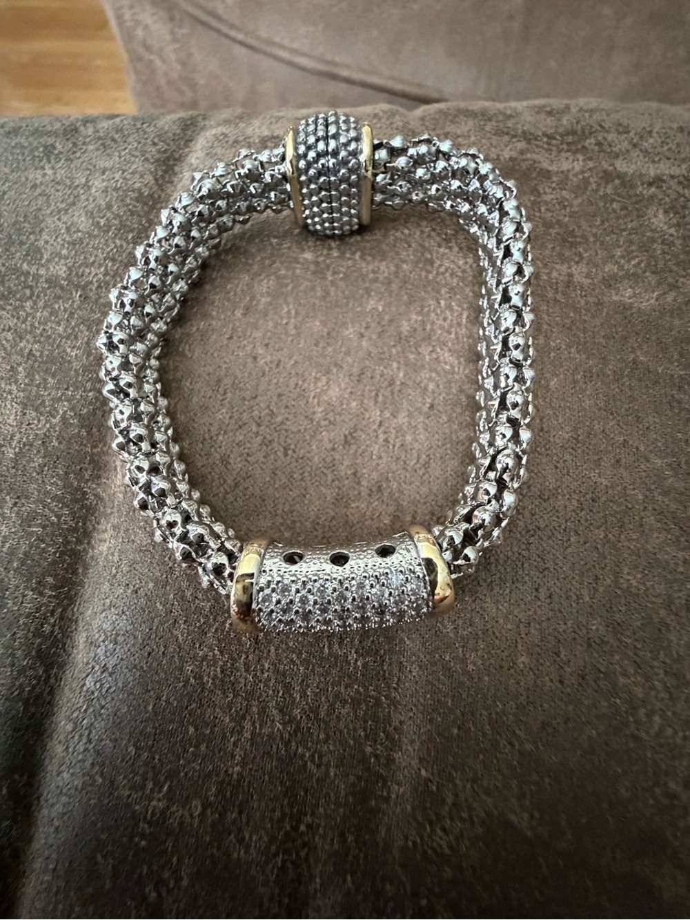 Elegant Silver and Gold-Tone Crystal Knit Bracelet